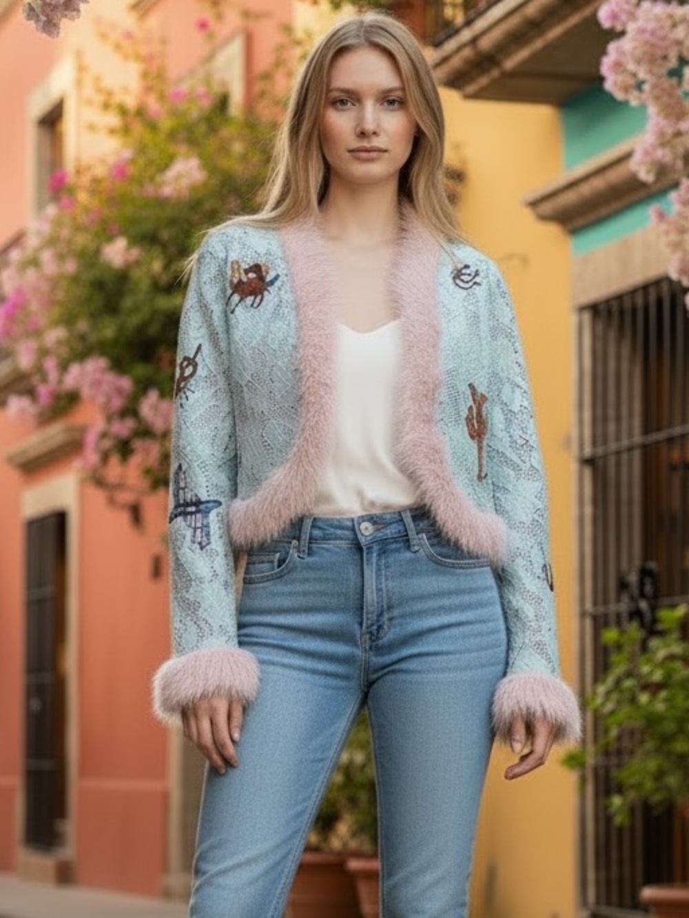 NEW blue b Light Lace & Pink Faux Fur Western Embroidered Crop Open Front Jacket